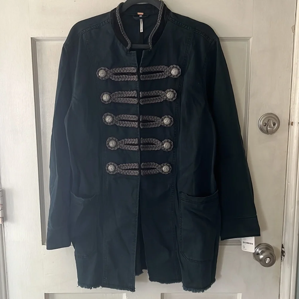 Free People Black Denim Military Jacket size M - Picture 2 of 8